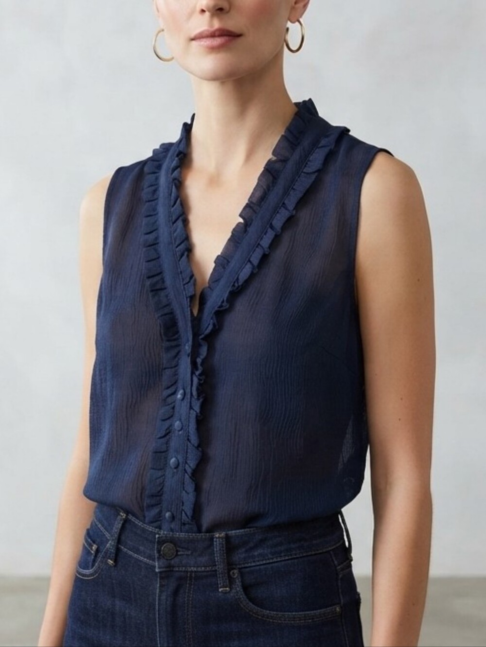 NEW Cece FULLY LINED Sleeveless Navy Ruffle V-Neck Blouse Tank Top Sz Size Large
